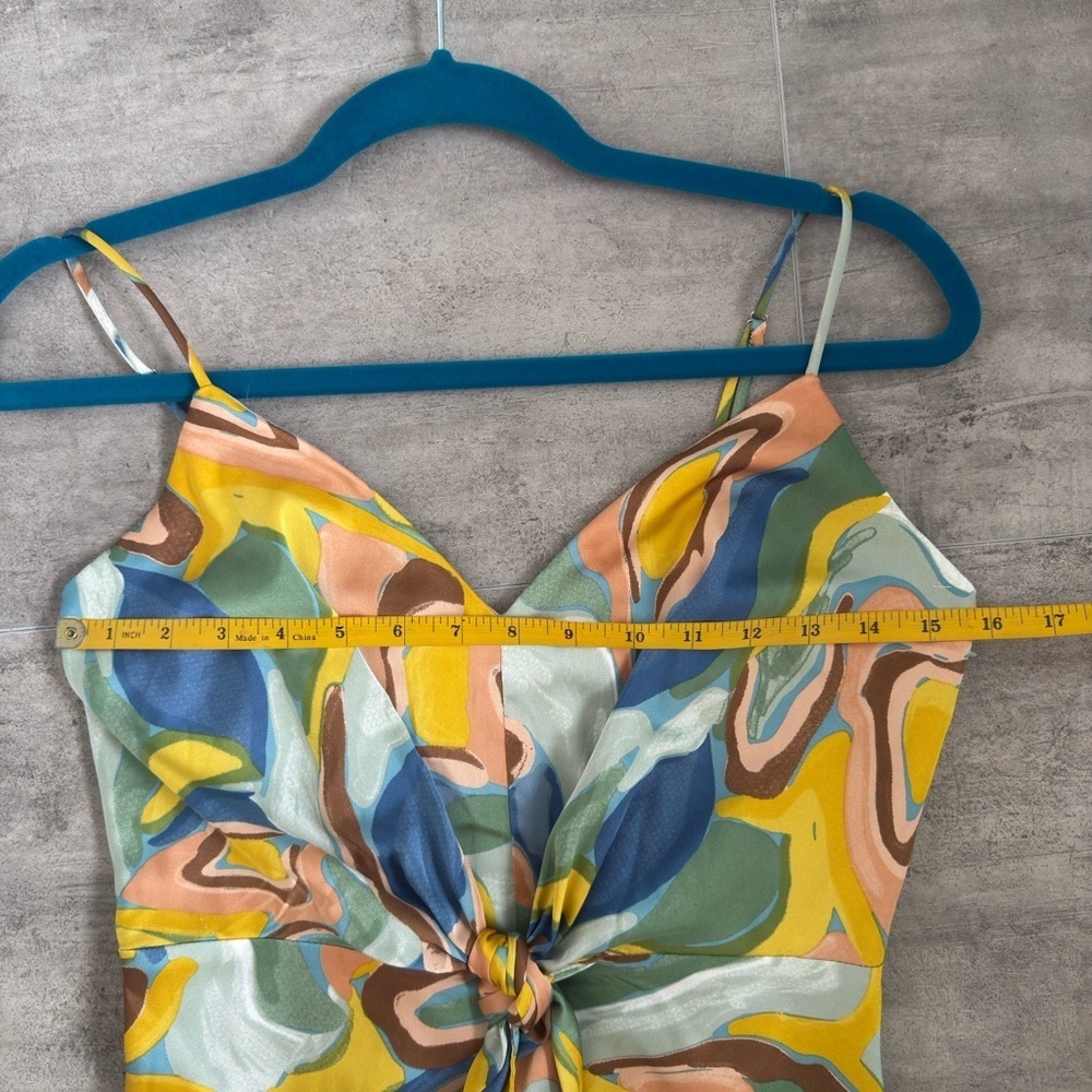 FLORET STUDIOS Printed Tie Front Satin Maxi Dress in Yellow Multi Swirl Size S - Picture 13 of 15
